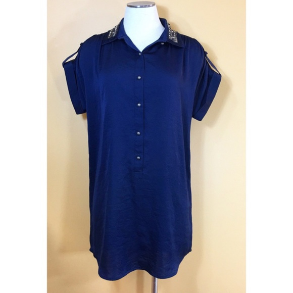 Collective Concepts Blue Blouse Embellished Collar - Picture 1 of 6